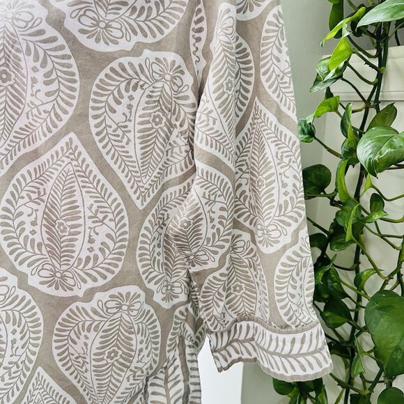 Gretchen Scott 100% Cotton Leaf Print Tunic Blouse Earthy Boho Vegan Natural Lg - Picture 4 of 8